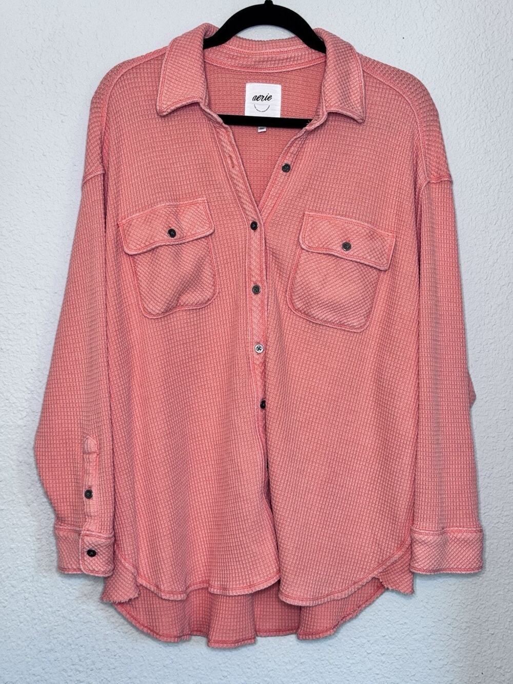 Aerie Lumberjane Women's Waffle Knit Button-Down Long Sleeve T-Shirt SZ M Salmon